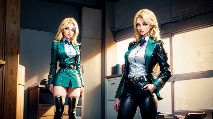 woman, blond Double space Ban Haircut with blonde hair extension, blue eyes,oliv green Blazer Uniform, belt, Black boots, standing in a office