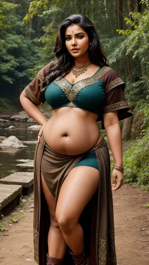 Indian model plus size woman with large belly, 45 years old, short dark hair. Clothing style feminine, viking, classical, and warm clothing, magical