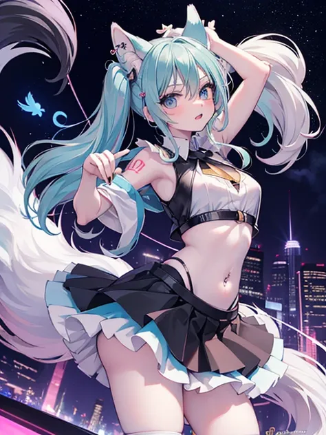 Chica anime,tennage girl 18 years old, anime style, cute hatsune miku x suicune, shy girl , Orejas de Kitsune, arte de dark natasha, city landscape, arte de vixen aztra, cuerpo completo, patas hermosas, cintura delgada, caderas amplias, navel white blouse,...