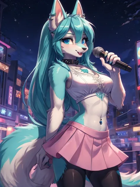 Chica anime,tennage girl 18 years old, anime style, cute hatsune miku x suicune, shy girl , Orejas de Kitsune, arte de dark natasha, city landscape, arte de vixen aztra, cuerpo completo, patas hermosas, cintura delgada, caderas amplias, navel white blouse,...