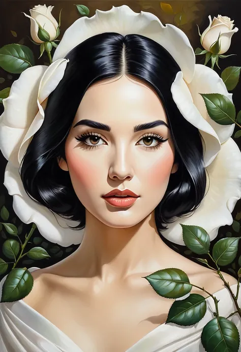 A natural white rose with a petal painted in the style of an oil painting. The petal features the face of a beautiful woman with straight black hair and arched eyebrows. The painting on the petal is very artistic and detailed."