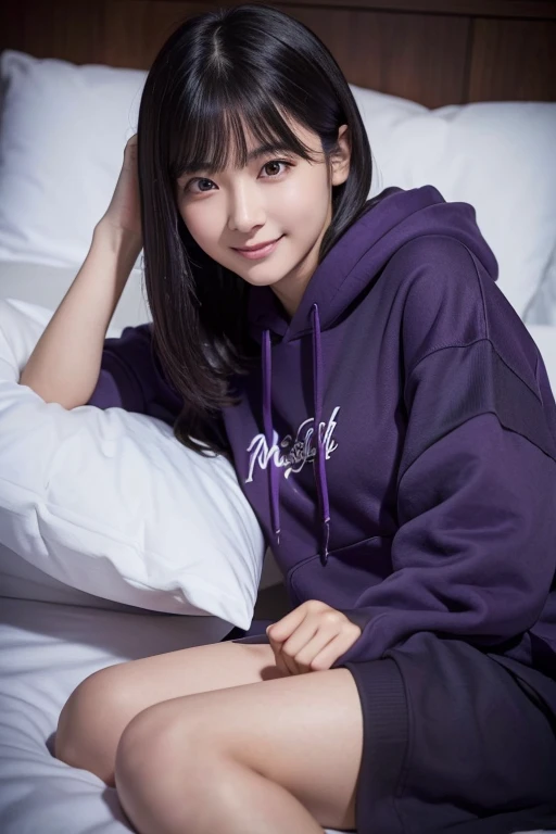 ((masterpiece, Highest quality)), (One Woman), (alone), (Focus on women), (Black Hair), (Medium Hair), (Purple hoodie), (mature), (23 years old), (Staring here), Smiling faintly, Lying in bed
