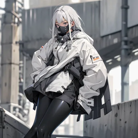 1girll, helmet, Hood, Solo, Spacesuit, Extra-long_Hair, bangs, Jacket, The upper part of the body_Body, White_Hair, bag, Blurry, Coat, Grey_Eyes, Mask, Blurry_Background, Backpack, zippers, Mouth_Mask, Covered_Mouth, Urban tech clothing, Outfit，lowerbody，F...