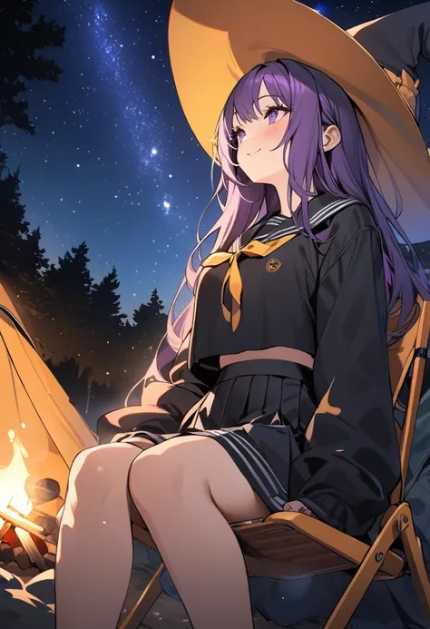 masterpiece, best quality, ultra-detailed, 1girl is camping, witch, high school student, sailor, black clothes, yellow ribbon, black skirt, big hat, black and dark purple hair, long hair, purple eyes, smile, looking up sky, looking away, sitting on folding...