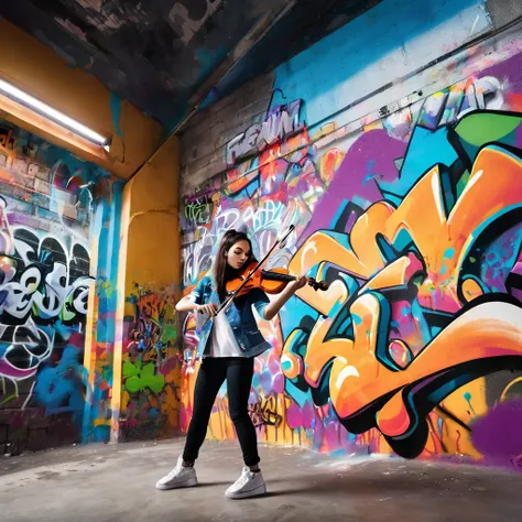 A girl with a swag style playing the violin inside a building with graffiti-covered walls. On the wall behind her, theres a large, vibrant graffiti that says Feel it, adding an urban and cool vibe to the scene.

