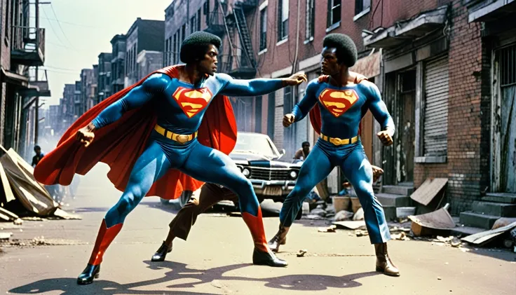 1970s photo of "Black Superman" fighting crime in the ghetto, cinematic action, atmospheric perspective, 