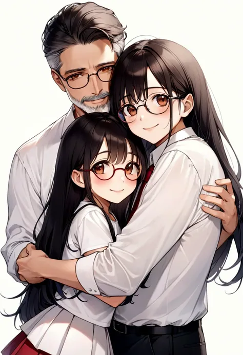 Draw an 11 year old girl with long black hair., Brown eyes, White t-shirt with red tie and white skirt hugging her 40 year old dad p,de pelo color negro,barba corta,piel medio morena,que use lentes,de Brown eyes ,white shirt and black pants and they are bo...