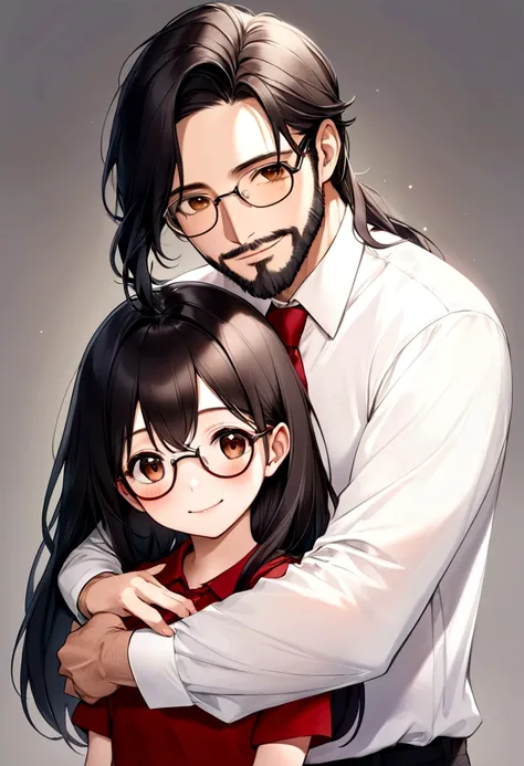 Draw an 11 year old girl with long black hair., Brown eyes, White t-shirt with red tie and white skirt hugging her 40 year old dad p,de pelo color negro,barba corta,piel medio morena,que use lentes,de Brown eyes ,white shirt and black pants and they are bo...