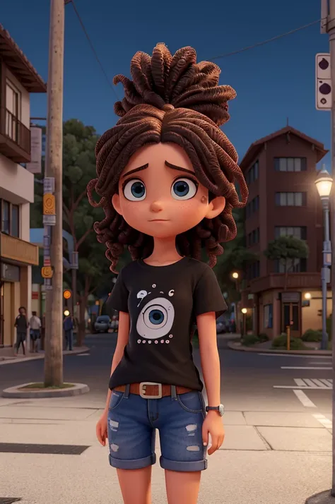 uma adolecente de olhos azuis e cabelo marron claro triste andando na rua e varios predios na rua com uma blusa preta aberta e uma camiseta pretae atarde a meina com uma camisa PRETA a noite bem escuro mais escuro anoite
