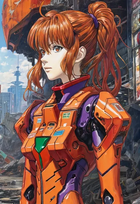 A beautifully detailed portrait of Asuka from Evangelion with her hair tied back, Wearing the iconic pilot suit, Standing next to Eva (Mecha) In a war-torn city, Cinema Lighting, Very detailed, intricate Mechanical design, Dramatic atmosphere, Vibrant colo...