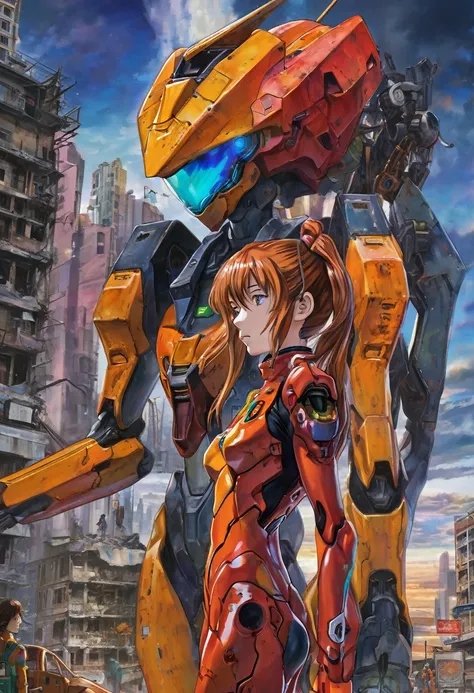 A beautifully detailed portrait of Asuka from Evangelion with her hair tied back, Wearing the iconic pilot suit, Standing next to Eva (Mecha) In a war-torn city, Cinema Lighting, Very detailed, intricate Mechanical design, Dramatic atmosphere, Vibrant colo...