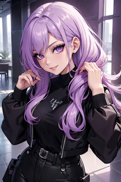 One beautiful young woman, light purple hair, long slightly waved and combed to one side, purple eyes, sharp eyes, eyeliner, pretty smile, pale skin, extremely beautiful, kind, sweet, White, black jacket, black cargo pants, anime realism style, portraits, ...