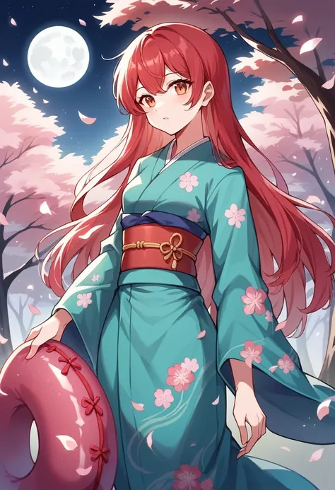 Create an anime-style illustration featuring a serene and enchanting night scene. A young woman with long red hair stands gracefully among cherry blossom trees in full bloom. She wears a traditional turquoise kimono adorned with floral patterns and a red o...