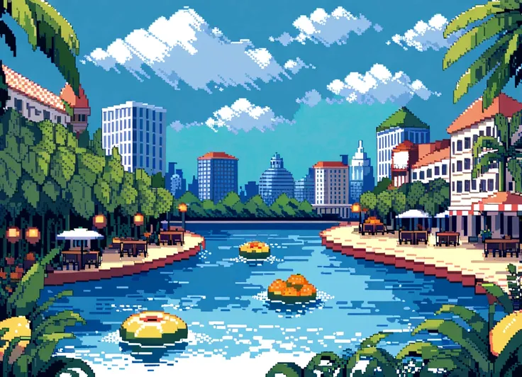 Pixel art of Ver-o-Peso in Belém do Pará, with detailed city skyline in light blue tones and colonial buildings in pixelated style, vibrant stalls under striped awnings displaying tropical fruits like açaí, cupuaçu and mangaba, vendedores em pixel art inte...