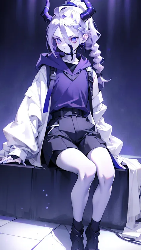 boy thoughtful look open forehead. white and purple hair braided in a ponytail on the left side to one side. sinuous black horns wrapped in dark purple ribbon. pale violet eyes. in short dark purple shorts. long white T-shirt. dark purple knee-high socks. ...