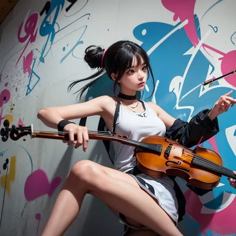 A girl with a swag style playing the violin inside a building with graffiti-covered walls. On the wall behind her, theres a large, vibrant graffiti that says Feel it, adding an urban and cool vibe to the scene.