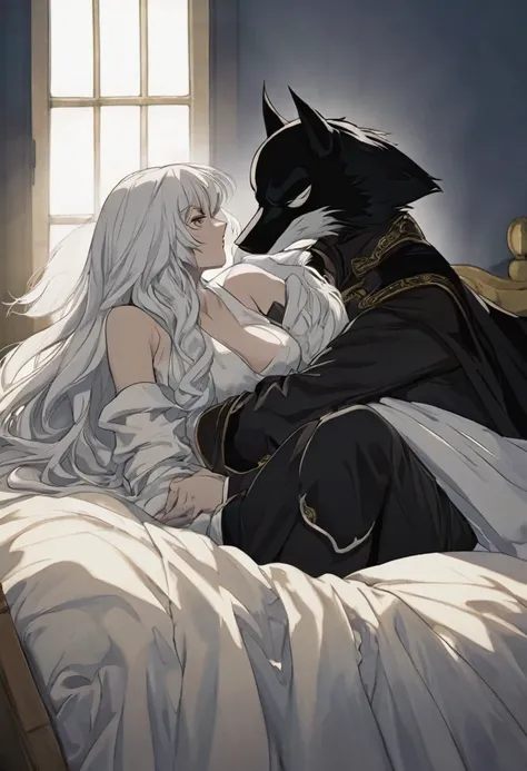 Un humano con rasgos de zorro blanco, en la cama acostado con su pareja un humano con rasgos de lobo de pelo negro anime 