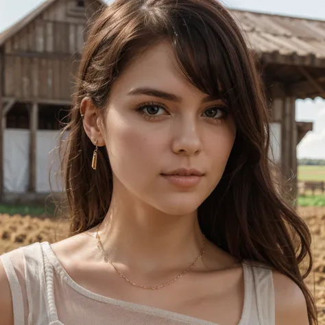 She has a very square and very chubby face, Square face, Long hair, Looking at viewer, jewelry, Realistic, Sexy, farm outfit, farm background, free upper body pose