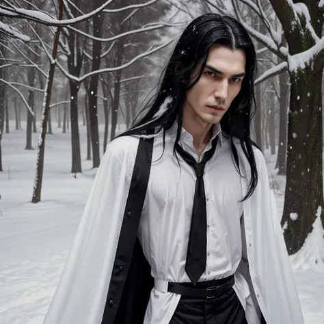 A young tall thin man with a handsome face with perfect thin features, long black hair, yellow eyes, beautiful black eyebrows, a vampire, a thoughtful expression on his face, in a snow-white shirt and a black cape, a dagger in his hand