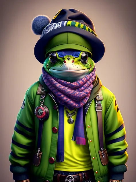 Image of a frog wearing a hat and scarf, trends in the art station, dressed in punk clothing, Ultra-realistic detail rendering, British gang member, Urban style, intimidating pose, Planet of Frogs, Fashion clothes, Urban Samurai, meow, West Slavic traits, ...