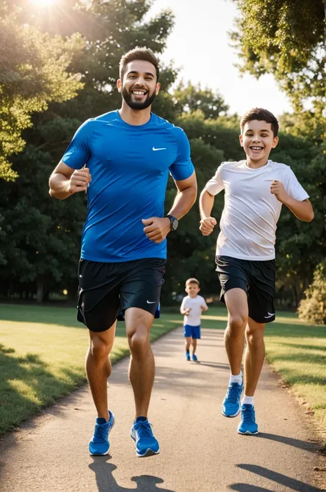 Young dad and son running, celebrating father&#39;s day, with HAPPY DADDY&#39;S DAY sign