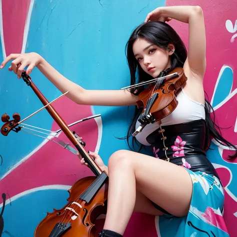 A beautiful girl playing the violin with a vibrant graffiti-covered wall in the background, creating a striking contrast between classical beauty and modern street art.