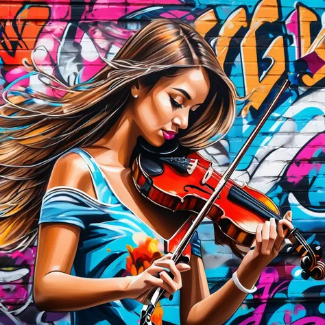 A beautiful girl playing the violin with a vibrant graffiti-covered wall in the background, creating a striking contrast between classical beauty and modern street art."