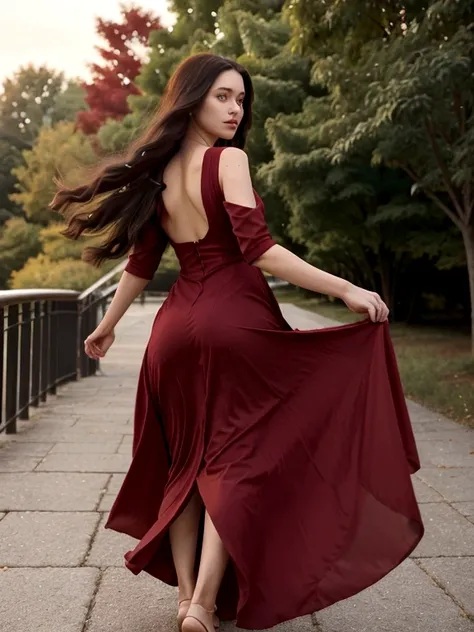 A woman with long, dark hair flowing down her back walks away, her red dress swaying gently with each step. The vibrant color of the dress contrasts beautifully with her hair, creating a striking image as she moves gracefully forward, her figure gradually ...