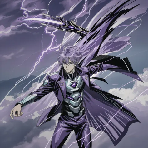 8k anime, ultra-high quality, perfectres, super hero, 25 year old boy, purple and black lightning suit, purple lightning powers, messy silver hair, purple eyes, light skintone, mature, mature facial features, dark city background, purple lightning sword, c...