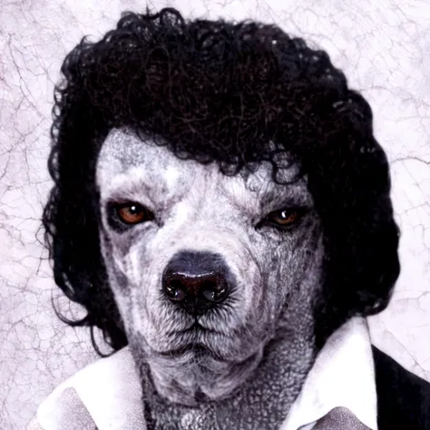 arafed dog with a black collar and a white shirt, morphing dog head, anthropomorphic dog, hideous appearance, alice cooper as a goat, god had dog chihuahuas head, petscop, dog head, he has no nose, cat dog hybrid, he has an elongated head shape, omg, human...