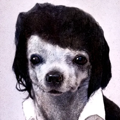 arafed dog with a black collar and a white shirt, morphing dog head, anthropomorphic dog, hideous appearance, alice cooper as a goat, god had dog chihuahuas head, petscop, dog head, he has no nose, cat dog hybrid, he has an elongated head shape, omg, human...