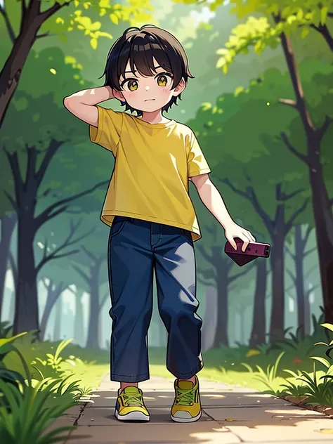 A little boy in a yellow shirt and green pants, el tiene un celular, is taking a photograph of the viewer, en un bosque