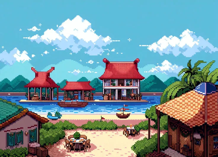 "Pixel art of the Ver-o-Peso Market in Belém do Pará, outdoors near the Guajará River, with pixelated boats in the blue waters in the background, tendas coloridas em vermelho, green and blue displaying tropical fruits such as açaí, cupuaçu and mangaba, ati...