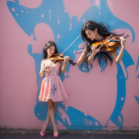 a beautiful girl playing the violin with a vibrant graffiti-covered wall in the background, creating a striking contrast between...