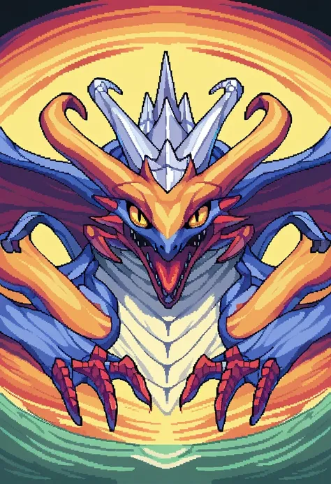 Create a pixel art style representation of a dragon radiating energy, com seus olhos brilhando com sabedoria antiga. The explosive scene should amplify the dragon sagacious Strength and enigmatic aura, transmitindo intensidade, Strength, and passion. Utili...