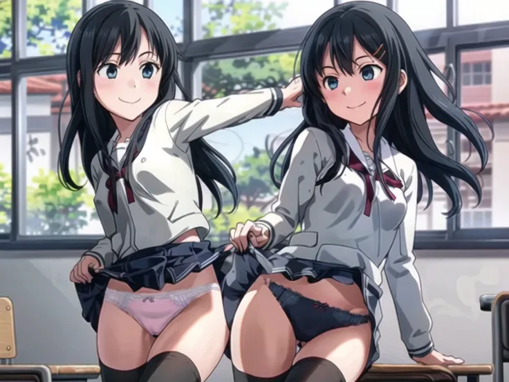 masterpiece,Highest quality,Kantai Collection、Morning tide、Pro-tide、(Two Girls,school uniform:1.3),cute,mini skirt,smile,Cowboy Shot,Squatting side by side、Lift up your shirt、Lace bra、Lace panties、Nipples、sneakers、View your audience,thigh_gap,classroom,Lar...