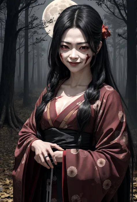 Crie uma imagem realista da Cuca de frente para a Kuchisake-onna, como em um ringue de luta. Cuca should be on the left, com suas garras afiadas prontas para atacar, escamas brilhando sob a luz da lua, e seu vestido esfarrapado agitado pelo vento. on the r...