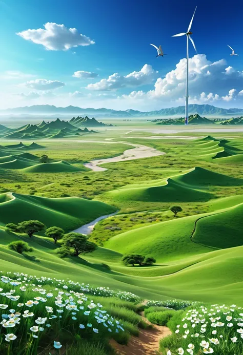 Create detailed images of vast wilderness areas and lush valleys。The backdrop is a spectacular desert and wind-formed sand dunes.、In front of it spreads a lush green grassland and flowers swaying in the breeze.。There are several windmills in the center.、It...