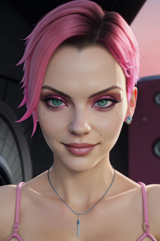 Judy, short hair, pink hair, green eye, piecings, looking at viewer,  smile, serious,   cleavage, 
 facing viewer, 
speakers,  underworld, red sky, 
(insanely detailed, beautiful detailed face, masterpiece, best quality) 
 