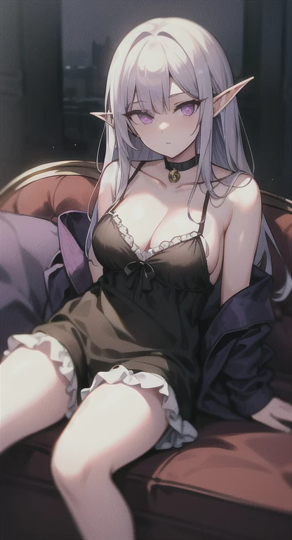 Hell fortress life, Old world, demon Elf Queen, silver hair, purple eyes, nightgown, bloomers, sofa, lounging, dim light,