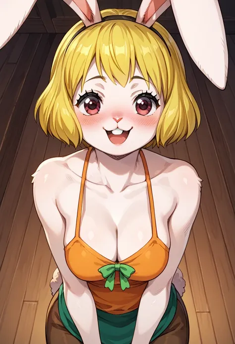 score_9, score_8_up, score_7_up, source_anime, BREAK, solo, solo focus, Opcarrot, 1girl, blonde hair, short hair, furry, white furr, blush, happy, cute, rabbit ears, small claws, breasts, cleavage