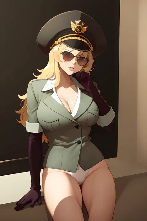 (masterpiece, best quality),domino,hat,peaked cap,uniform,gloves,sunglasses,sitting,naked, big breasts, blonde hair, prison, cel...