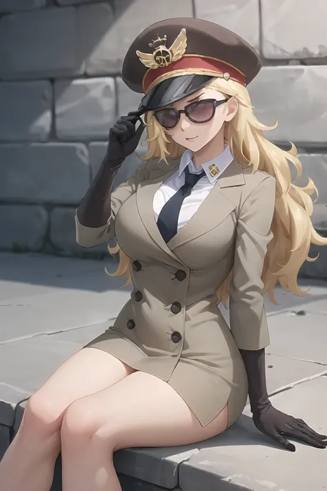 (masterpiece, best quality),domino,hat,peaked cap,uniform,gloves,sunglasses,sitting,naked, big breasts, blonde hair, prison, cel...