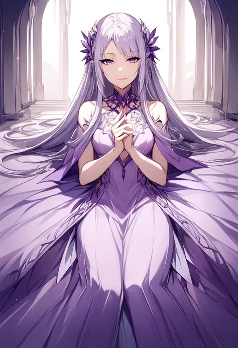 kinera,purple dress,alone,view your viewers,captivating smile,lie in,~ side,