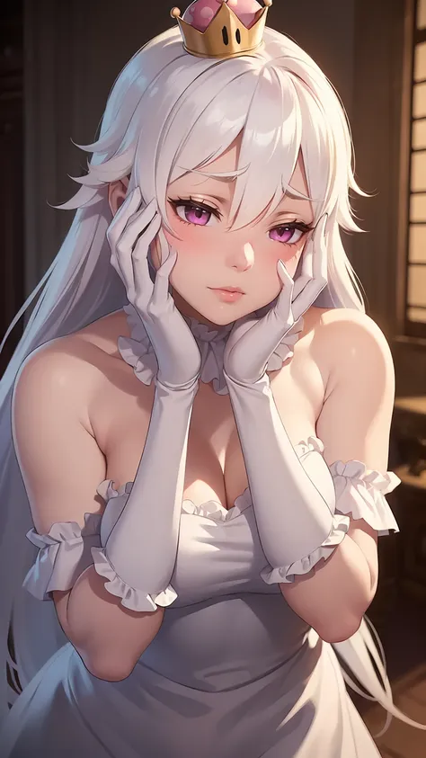 ((masterpiece)), ((best quality)), (detailed), perfect, solo, boosette, gorgeous girl, luscious lips, white hair, (((very shy)))...