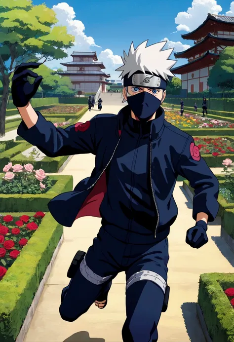 1boy, hatake kakashi, "naruto", run to viewer, motion blur, forehead protector cover one eye, (eye patch, eye mask), konohagakur...