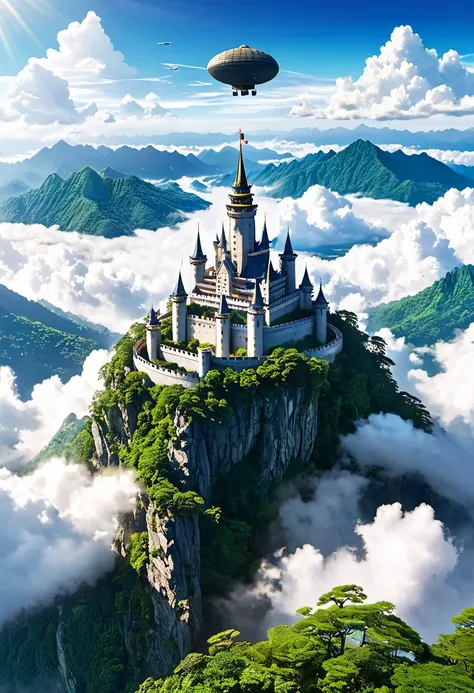 Generate Laputa: Castle in the Sky。
Create a detailed image of a castle floating above the clouds in the sky。The castle is ancient、Magnificent weathered stone wall、High spire、and features lush vegetation along its surface.。Fluffy white clouds spread around...