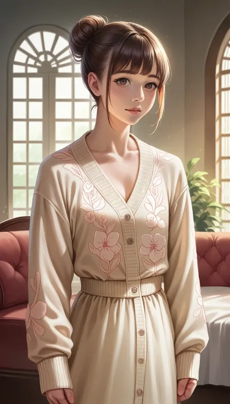 a young Korean housewife in a beige cardigan, pink floral dress, large hair bun, standing in living room, face to viewer, feminine pose, serene expression, cute face, detailed face, detailed clothing, detailed background, natural lighting, warm colors, bea...