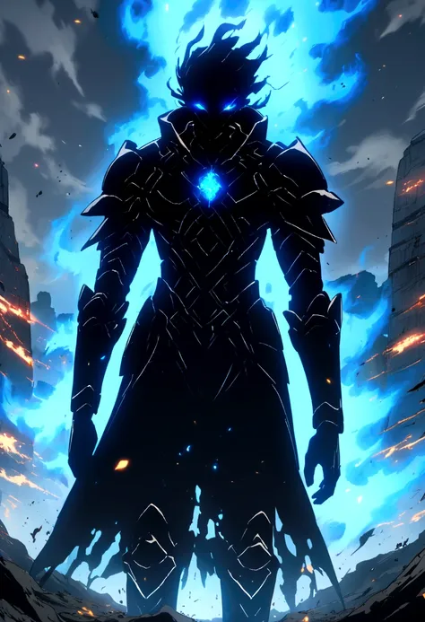 *humanoid shadow boy, with blue aura, anime, on a battlefield*