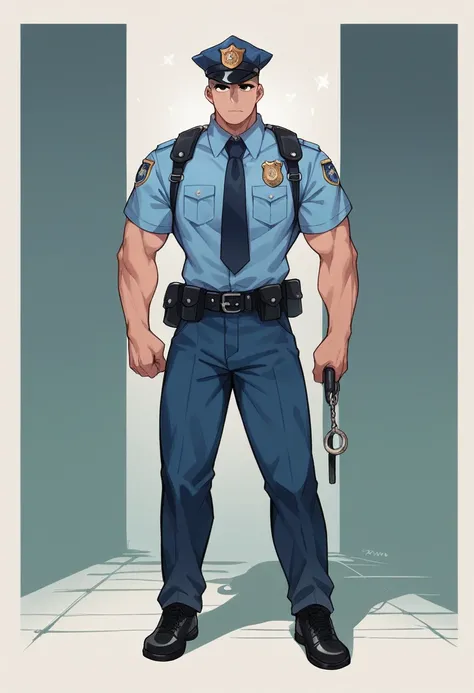 30~40 years old，Police Officer，International organizations，Police Station，This gun is so cool.，muscular，（thin eyes 1：3），black eyes，Full Body Love，Sexy